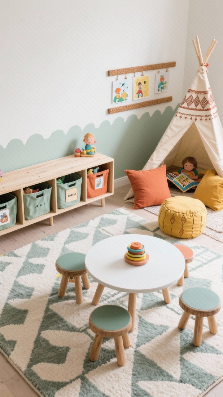 Overhead detail shot, boho-Scandi kid’s playroom organization: giant washable rug in muted geometrics as the backdrop; low birch storage unit top edge visible with canvas bins labeled by picture and word; round table with stackable stools tucked neatly; color pops in sage, terracotta, and mustard through pillows and poufs; a glimpse of a teepee reading nook edge and two cork rails with rotating children’s art; one scalloped paint border along the wall; playful yet orderly mood; photorealistic, soft natural light.