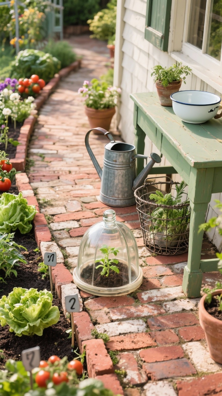 Overhead detail shot, farmhouse kitchen garden path: antique brick pavers lining neat garden beds; clear glass bottle cloche frames inverted over tender seedlings, catching soft morning light. Nearby elements include sage green painted potting table corner, galvanized vintage watering can, white enamelware bowl, wire baskets, and metal herb markers; glimpses of lettuces, tomatoes, and flowers; color palette sage, cream, brick red, pine; cozy, collected farm charm, photorealistic.