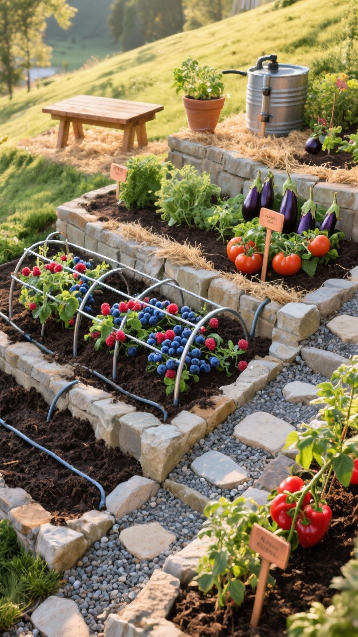 Overhead detail shot in bright morning light: edible hillside terraces with low stone risers forming 3–4 foot deep beds topped with rich, dark compost. Visible drip lines weave through rows. One terrace features berries—blueberries and raspberries on a stainless trellis; another holds culinary herbs; a sunny band shows tomatoes, eggplants, and peppers staked neatly. Gravel paths with stepping stones connect beds; a small cedar potting bench sits at the top. Copper plant labels, straw mulch, and a slim rain barrel feeding the drip system complete the scene. Palette: earthy browns, deep greens, berry reds and blues.