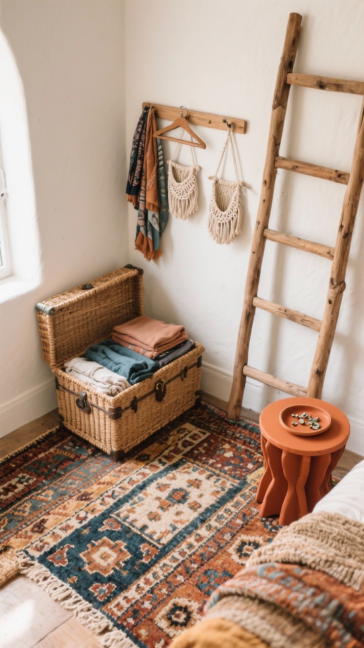 Overhead detail shot of a boho nook vignette: layered kilim rug with rich pattern, caned storage trunk used for folded items, wooden ladder racks partially in frame with a few hangers, macrame wall pockets holding scarves, a terracotta side table with a small jewelry tray; textured, collected feel with warm natural light, photorealistic.
