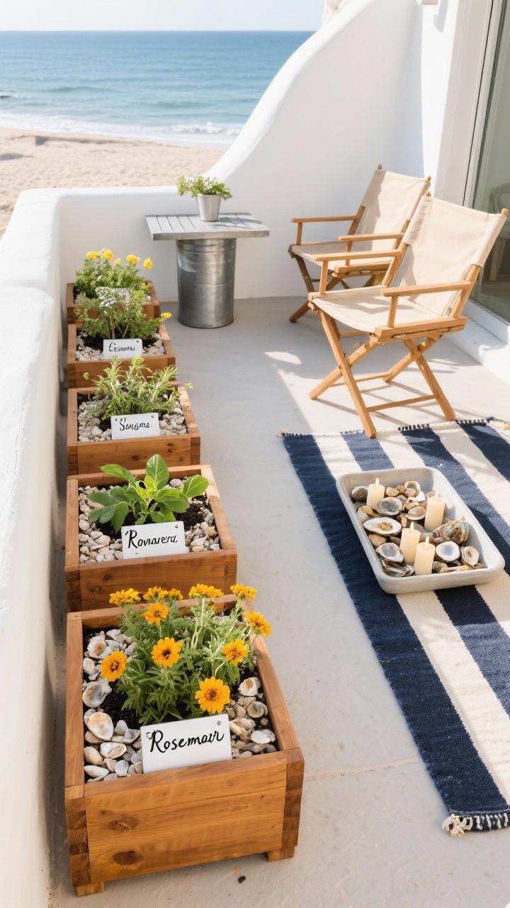 Overhead detail shot of a coastal herb terrace: honey-brown low cedar planters neatly arranged on a terrace, soil topped with bright crushed oyster shell mulch; labeled with crisp white enameled metal markers in black script for rosemary standards, lemon thyme, sage, basil, and marigolds; a narrow zinc-topped potting table nearby, two director’s chairs in sand canvas, and a navy-and-white striped runner rug; shallow tray of mixed shells with tea lights ready for evening glow; clean, sunlit, practical, beachy vibe; photorealistic, no people.