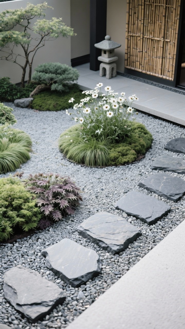 Overhead detail shot of a minimalist Zen gravel courtyard; restrained greens, silver, and charcoal palette; islands of planting separated by fine gravel—evergreen sedges, mounds of Japanese anemones with white late-season blooms, sculptural smoky/plum-leaf heuchera, and low spreading juniper; basalt stepping stones cutting through negative space; a simple bamboo screen edge and a single stone lantern partially in frame; soft, even light for calm mood, no people.