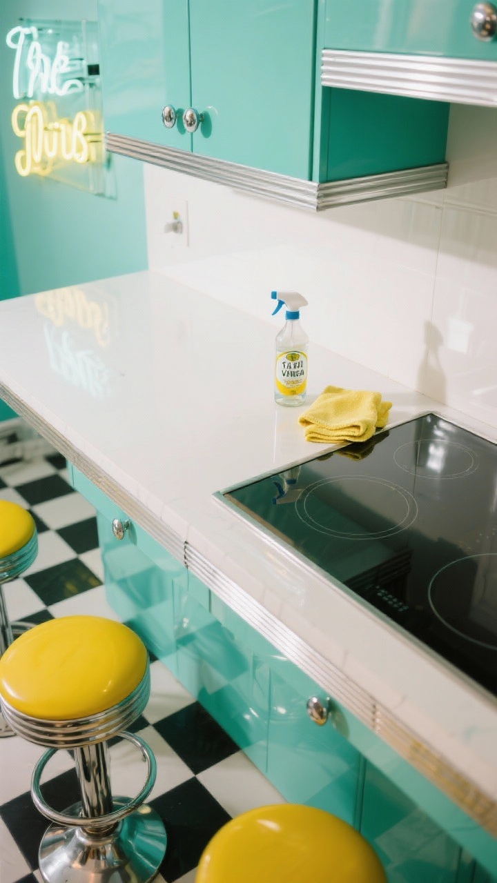 Overhead detail shot of retro color pop: glossy white countertop reflecting a glass cooktop, mint-green cabinet edge with rounded polished chrome pull in frame, checkerboard floor and lemon-yellow barstools partially seen as reflections. A chrome-edged shelf and a hint of a neon script sign glow in the periphery. A labeled spray bottle with 1:1 white vinegar and distilled water and a microfiber cloth are placed beside the cooled cooktop. Bright, cheerful lighting emphasizing crisp color and shine.