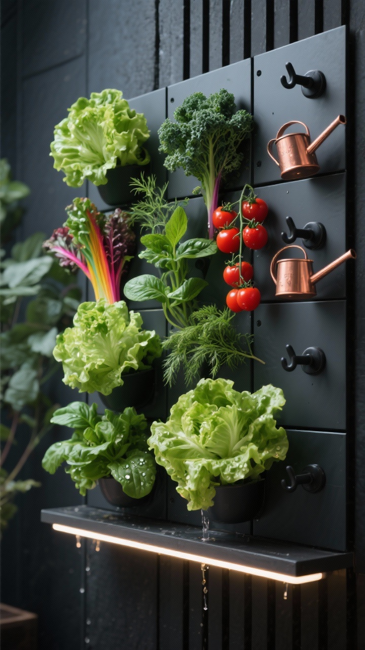 Photorealistic closeup detail of a sleek vertical salad wall mounted to a smooth charcoal fence: modular panels brimming with butter lettuce, rainbow chard, frilly kale, and trailing cherry tomatoes popping against the dark backdrop; slots of basil, mint, and dill add texture; matte black hooks hold small copper watering cans; minimalist LED strip lighting integrated beneath a shelf for a futuristic glow; colors: charcoal, emerald greens, tomato red, copper highlights; clean geometry with visible drip irrigation emitters; straight-on macro perspective emphasizing crisp leaf textures and droplets.