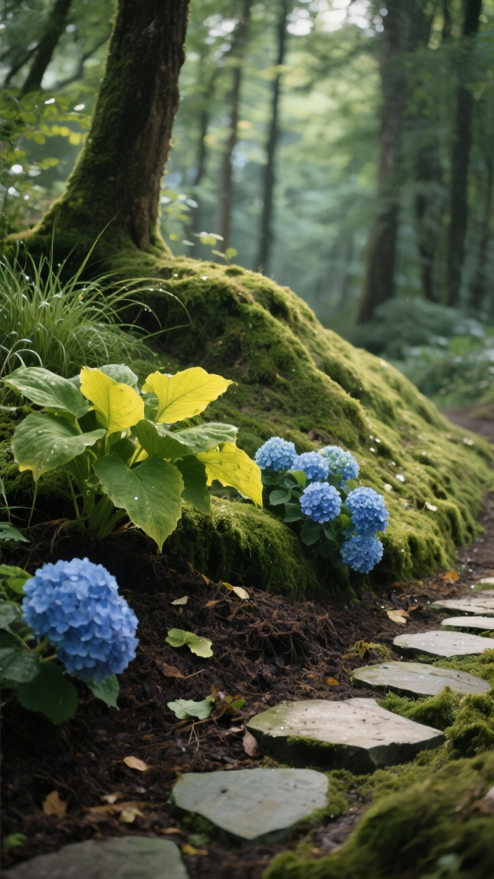Photorealistic closeup/detail shot of the shaded forest hugel textures: the low organic mound snaking under trees, topdressed with moisture-retentive compost and leaf mold; moss creeping over the north-facing side, dewy and lush; large chartreuse hosta leaves overlapping, blades of Japanese forest grass arching, and a cluster of blue mophead hydrangea blooms catching cooler edge light; irregular stepping stone edge visible, mimicking a woodland path; jade greens, chartreuse highlights, cool hydrangea blues; soft, diffuse shade lighting; no people.