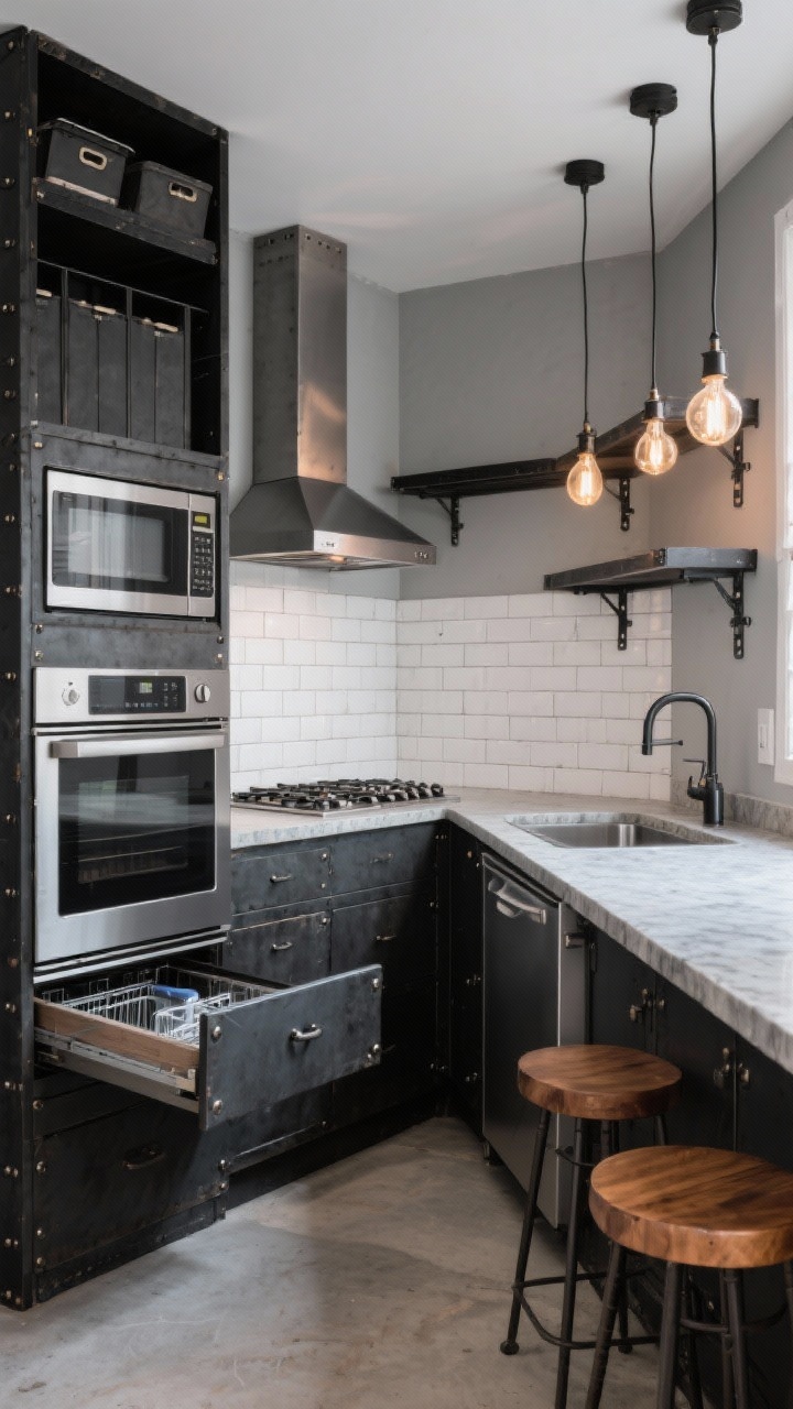 Photorealistic corner-angle wide shot of an industrial small U-shaped kitchen: a tall appliance tower on the left with a wall oven at waist height, a microwave with trim kit above, pantry pull-out below; opposite side features a 30-inch gas range centered with a stainless chimney hood and classic white subway tile running to the ceiling; third leg holds an integrated dishwasher and sink. Counter-depth fridge tucked at the entrance of the U. Blackened steel open shelving, concrete-look quartz counters, exposed brackets and riveted hardware, warm wood stools, Edison-inspired pendants casting industrial glow. Graphite and stainless palette, no people.