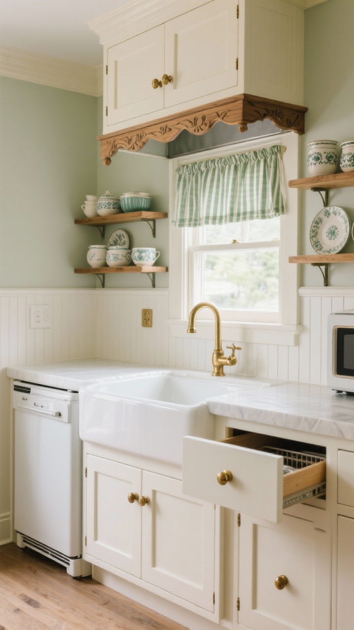 Photorealistic detail closeup of a cottage-style under-counter appliance zone: a farmhouse sink centered with creamy white cabinets, warm brass hardware (cup pulls and ceramic knobs), a 24-inch under-counter fridge to the left and an under-counter freezer drawer to the right. A lower pull-out drawer microwave partially open, beadboard backsplash and plate rails above, open shelves with crockery. Soft sage accents and ticking-stripe café curtains skimming the window. A decorative wood-trim hood painted to match cabinets visible at the top edge. Warm, soft morning light for cozy charm.