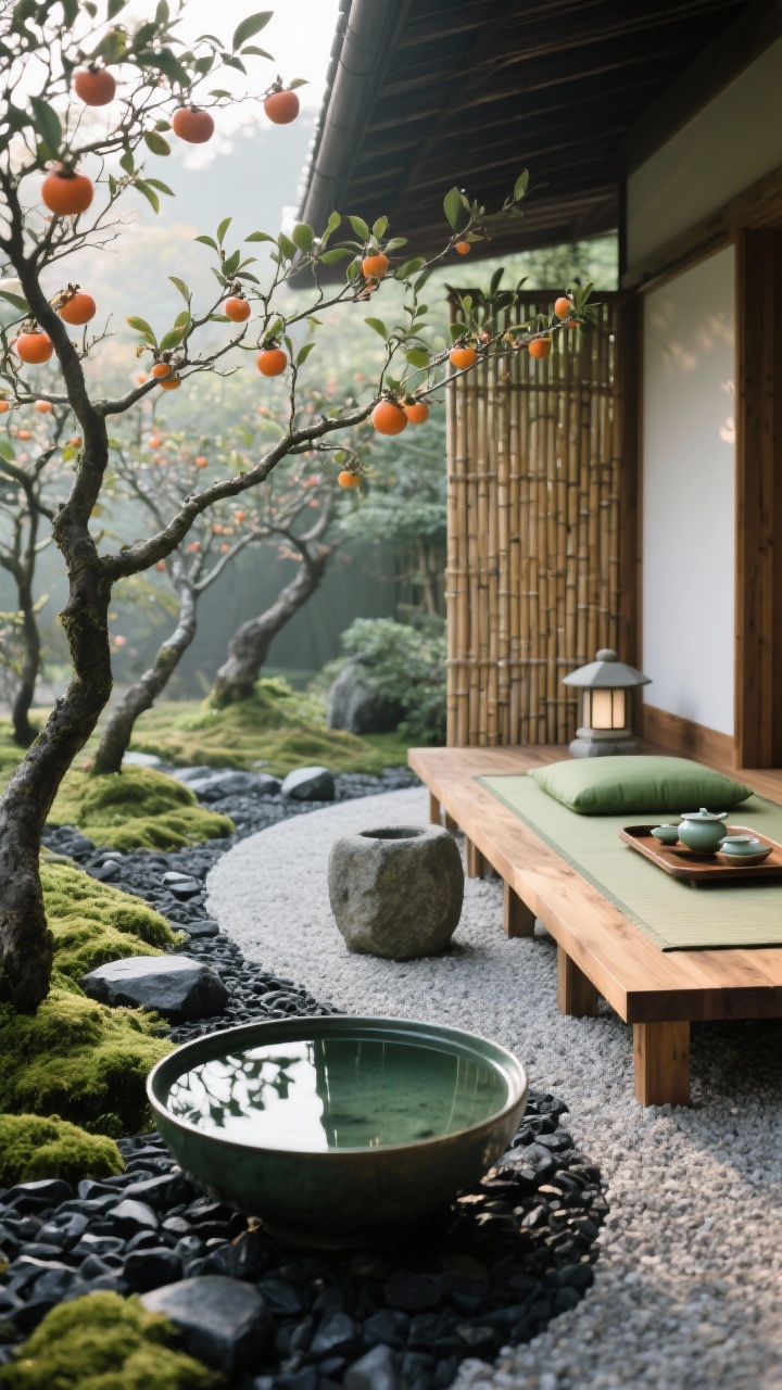 Photorealistic intimate detail shot, low angle: a Zen orchard retreat vignette featuring a reflective water bowl beside a curved gravel path, flanked by delicately pruned plum or persimmon branches spaced airily. Black river rock contrasts with patches of mossy groundcover; a bamboo screen provides a serene backdrop. Nearby, a low cedar platform with floor cushions and a simple stone lantern; a shallow tray set for tea. Color palette of charcoal, natural wood, jade green, and soft white; soft morning light with gentle highlights; tranquil, meditative, no people.