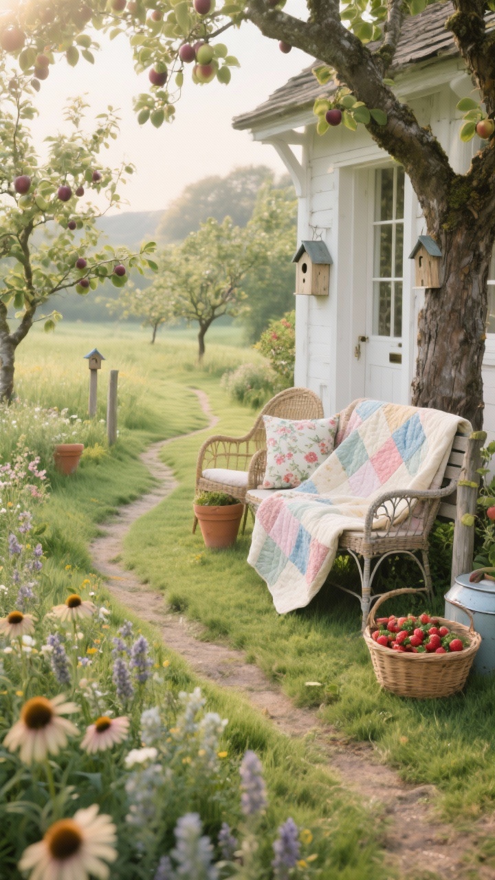 Photorealistic medium scene from a gentle corner angle: a cottage orchard meadow with curving mown-grass paths winding through a wildflower meadow of coneflower, yarrow, and catmint, dotted with semi-dwarf apple and plum trees. A white-painted arbor frames the entrance; a weathered vintage-style iron bench under the oldest tree holds a folded patchwork quilt. Cream, soft pink, faded blue, and meadow greens color story, wicker chairs with floral cushions nearby, birdhouses on posts, terracotta pots with strawberries, enamel harvest baskets resting in the grass. Soft diffused afternoon light; dreamy, romantic mood; no people.