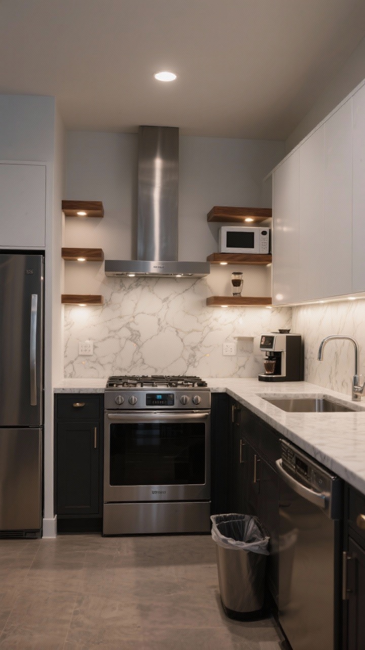 Photorealistic medium shot from the corner of an urban L-shaped kitchen: long run with a counter-depth fridge at the far end, a 30-inch slide-in range centered with a slim undercabinet hood above, floating walnut shelves flanking the hood. On the short leg, a dedicated coffee and microwave niche with a built-in microwave at eye level and a compact espresso machine below, tucked under a quartz shelf. An 18-inch dishwasher next to the sink, pull-out trash by the corner. Charcoal lower cabinets, white uppers, veined quartz countertop and shelf, slim LED puck lights under shelves casting café-style glow. No people, evening warm-white lighting.