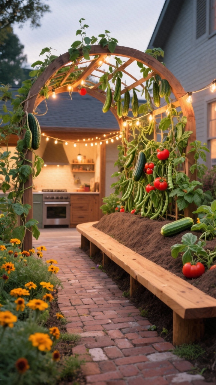 Photorealistic medium shot of a family kitchen hugel with social features: a long, slightly raised mound bordered by a curved cedar bench integrated along one side; a trellis arch at the entrance with cucumbers and snap peas climbing; plantings of bush tomatoes, zucchini, and basil within easy reach of the bench; underplanting of bright marigolds and calendula; a brick paver pad in front of the bench for sturdy footing; warm evening light with string lights draped across the arch beginning to glow; tomato red, basil green, and golden accents; no people.