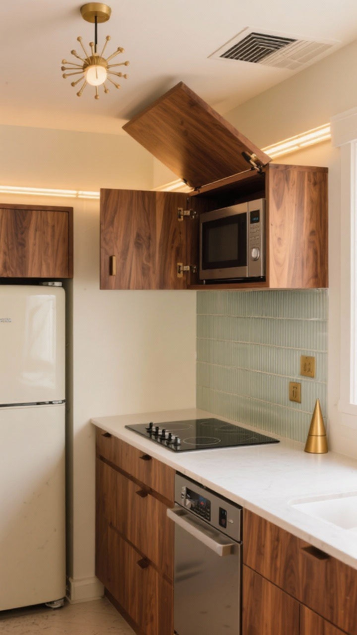 Photorealistic medium shot of a mid-century compact kitchen with hidden tech: walnut slab cabinet doors, ribbed glass backsplash catching light, panel-ready fridge and dishwasher both faced in walnut to disappear. An induction cooktop beneath a ceiling-mounted vent insert concealed inside a wood-clad soffit, creating a clean furniture-like silhouette. A flip-up upper cabinet door open slightly to reveal a tucked microwave, and a narrow appliance garage closed beside it. Brass cone pulls, creamy off-white walls, a Sputnik flush mount overhead and warm LED strips in the uppers. No people, warm modern ambience.