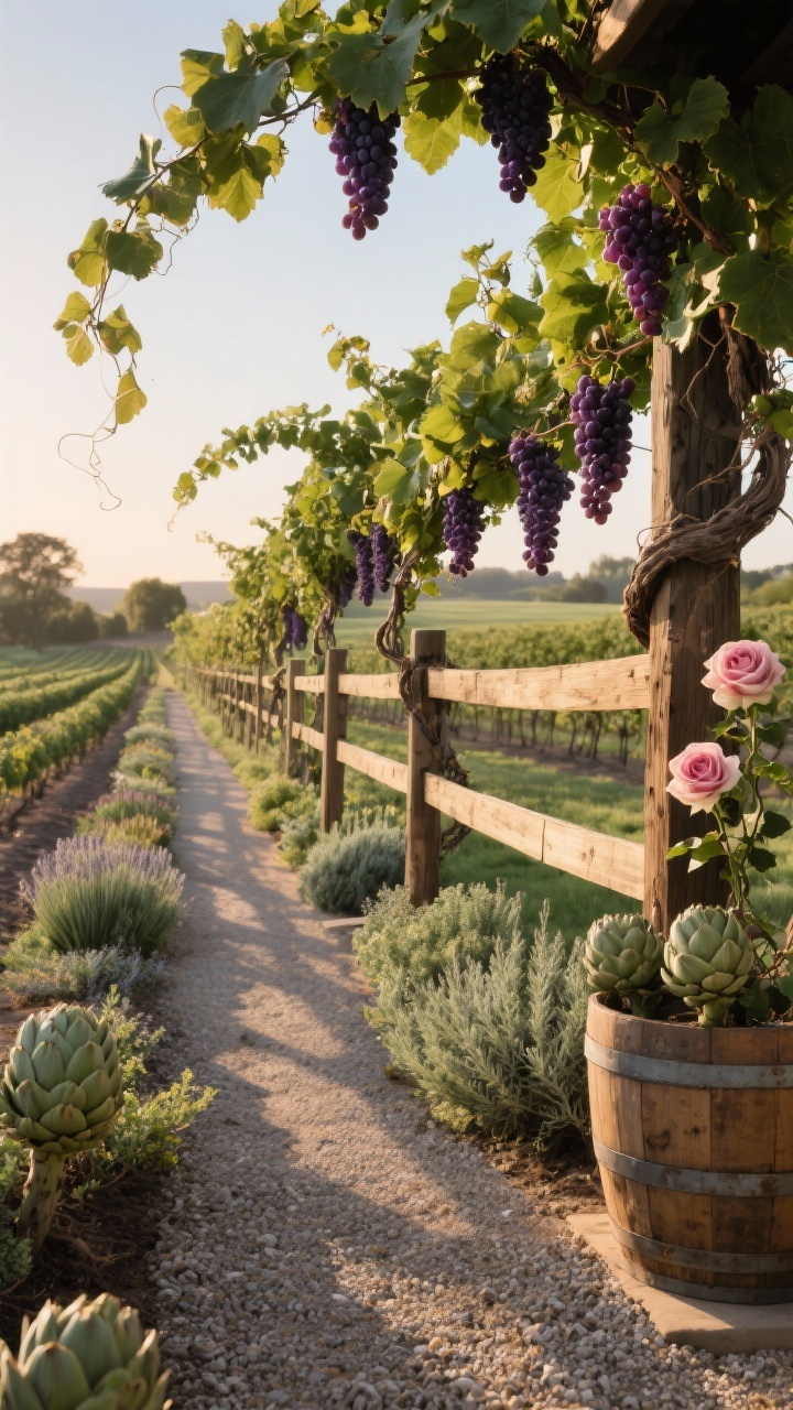 Photorealistic medium shot of a rustic vineyard rail fence in wine-country style: low post-and-rail structure threaded with grapevines draping in dramatic swags; leaves casting dappled shade onto a crushed decomposed granite walkway; flanking beds of sage, oregano, and sculptural artichokes add texture; a vintage wine barrel planter at the corner supports a climbing rose for a romantic touch; colors: deep greens, dusky purple grapes, warm wood; late-afternoon golden hour ambiance with long shadows; angled perspective following the rails into the distance.