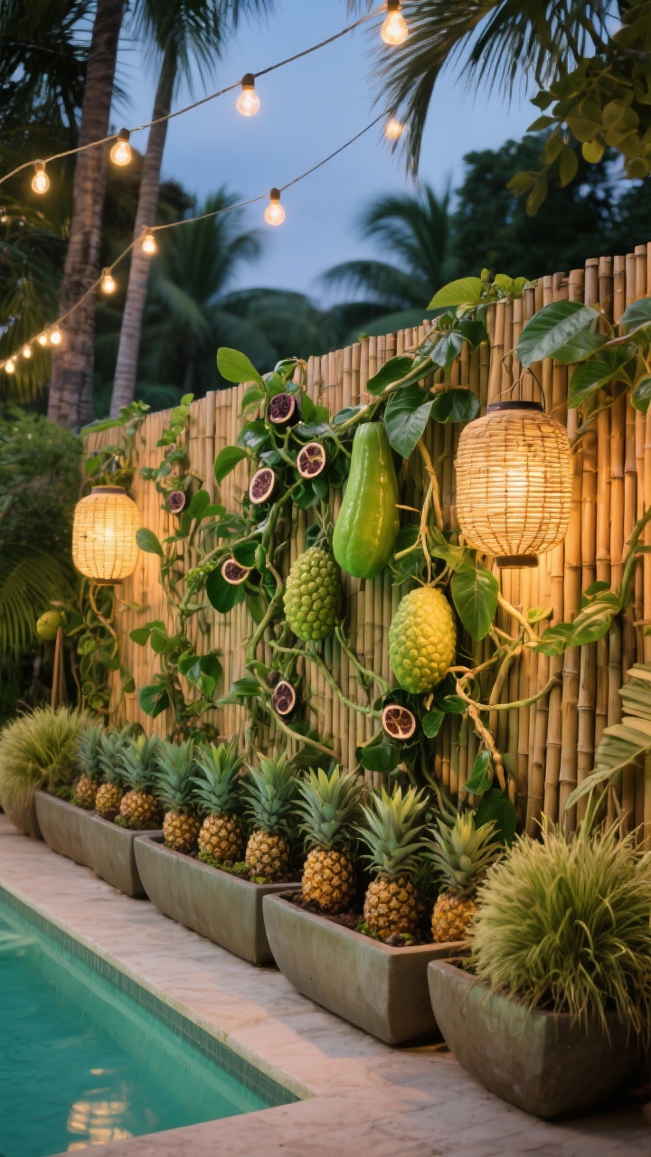 Photorealistic medium shot of a tropical tiki privacy fence: a bamboo privacy screen lushly layered with passionfruit and chayote vines climbing and twisting; in front, a row of wide, low troughs planted with pineapple plants, punctuated by tufted lemongrass clumps for vertical movement; overhead string lights and a pair of rattan lanterns add warm ambient glow; colors: limey greens, golden pineapples, natural bamboo; glossy leaves, airy cane texture, dramatic fruit forms; twilight “poolside cocktail hour” mood; slight low-angle perspective to emphasize height and lantern light.