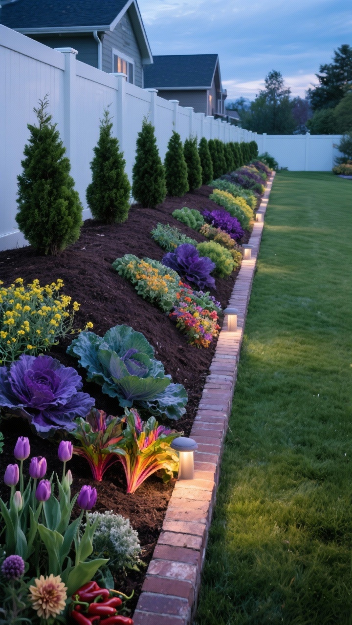 Photorealistic medium-wide border view of a four-season hugel along a fence: a long, low, neatly mulched mound with clean brick edging keeping a crisp shape against the lawn; evenly spaced dwarf conifers (globe arborvitae) forming the backbone; alternating pockets of ornamental kale, purple mustard, and rainbow chard for fall-winter color; hints of spring tulips and alliums, and summer dahlias and peppers staged in the design; discreet path lights tucked along the edge to spotlight textures at night; deep greens with jewel-toned purples and bright seasonal pops; early evening blue-hour lighting with path lights aglow; no people.