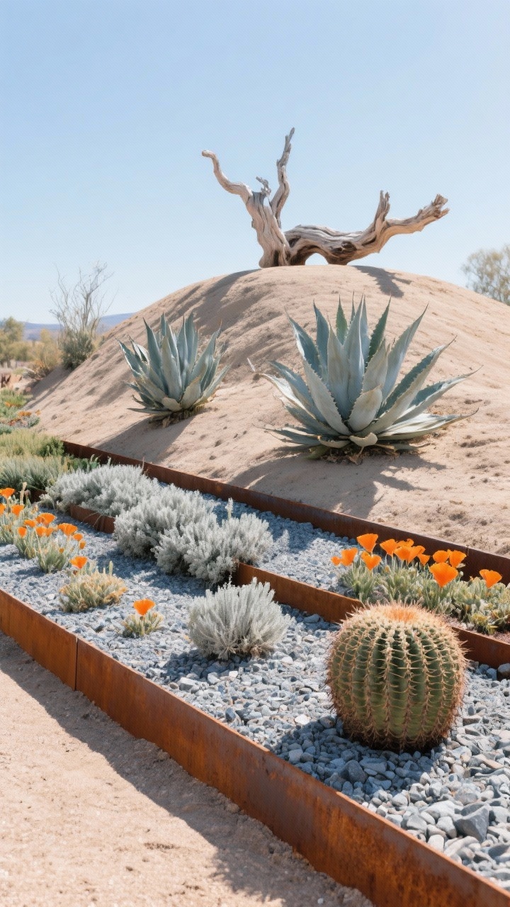 Photorealistic medium-wide desert-style hugel: a low elongated mound with a flattened top and gentle, wide slopes; gritty, well-drained soil surface mulched in crushed granite; rusted Corten steel edging providing desert-modern lines; plantings of agave parryi as sculptural anchors, silver-leaved artemisia, bands of low sedums, pops of orange California poppies, and a barrel cactus on the warmest corner; a chunky, bleached driftwood piece as focal sculpture; color story of silver, dusty blue, sandy neutrals with hot orange accents; harsh, sunlit midday light with crisp shadows; no people.