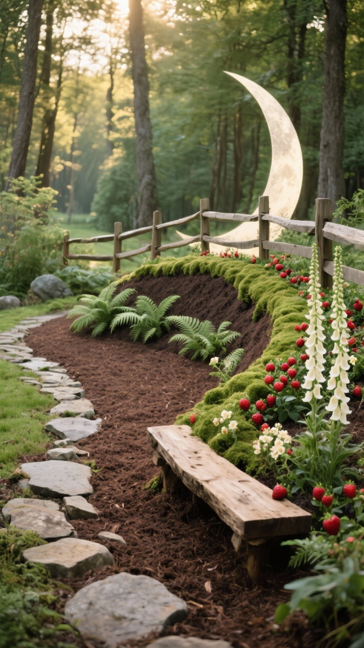 Photorealistic medium-wide garden scene at the woodland edge: a low crescent-shaped hugelkultur mound curving like a moon against a split-rail fence, backed by a rough fieldstone path; smooth, deep-brown mulched surface with visible layered texture at a small exposed spot; shady inner curve planted with woodland ferns, sunny outer rim dotted with everbearing strawberries bearing ruby berries, and vertical foxgloves in creamy white; mossy green color story with creamy blooms; a weathered cedar bench tucked into the curve; soft, dappled late-afternoon forest light; no people.