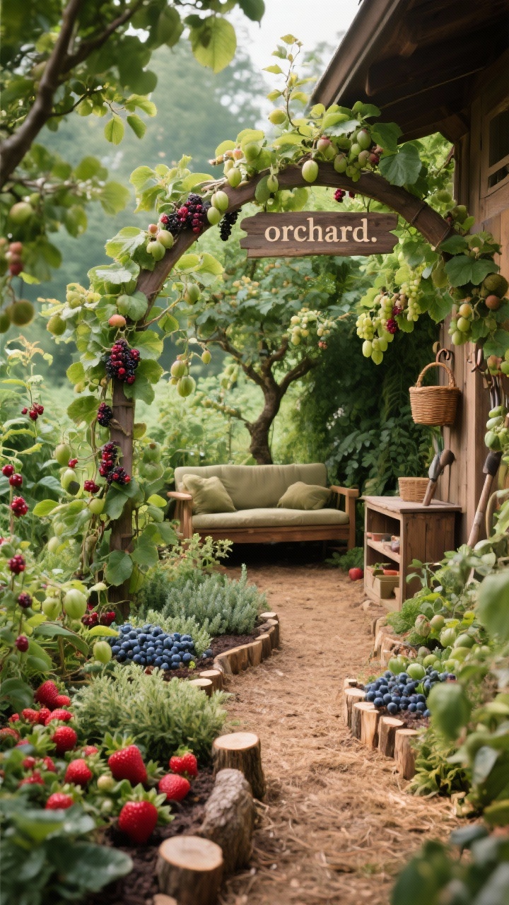 Photorealistic medium-wide, slightly elevated perspective: a lush food forest nook layered with semi-dwarf canopy apples or mulberries, understory shrubs of currants, gooseberries, and blueberries, and a ground layer of strawberries, alpine strawberries, and creeping thyme. An arched trellis at the entrance supports climbing kiwis or grapes. Paths are natural mulch, borders edged with log rounds; a rustic wooden loveseat nestles in a leafy alcove. Deep greens, berry reds, earthy browns palette; basket hooks and a compact tool hutch tucked to the side; a salvaged wood sign reading “orchard.” Soft dappled light filtering through foliage; abundant, alive, no people.