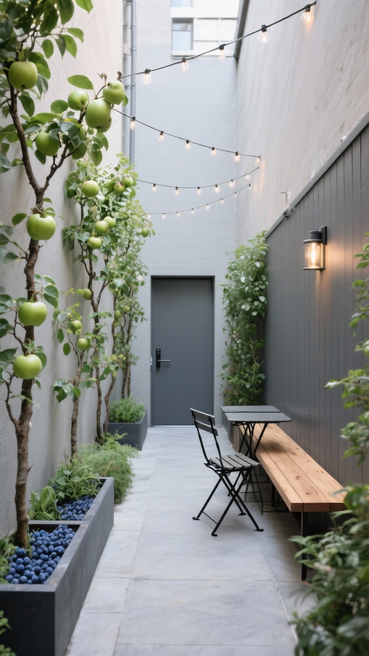 Photorealistic narrow courtyard, straight-on medium shot: an urban espalier courtyard with apple and pear trees trained flat against a smooth fence/wall, forming tidy green lattices. The floor is smooth concrete or porcelain tile; raised planters with blueberries and herbs soften the edges. A slim cedar bench runs along one wall; a compact matte-black foldable metal bistro set sits beside it. Cool gray, soft wood, glossy green foliage palette. String lights zigzag overhead and a wall-mounted sconce by the door glows subtly; elegant, space-efficient, no people.