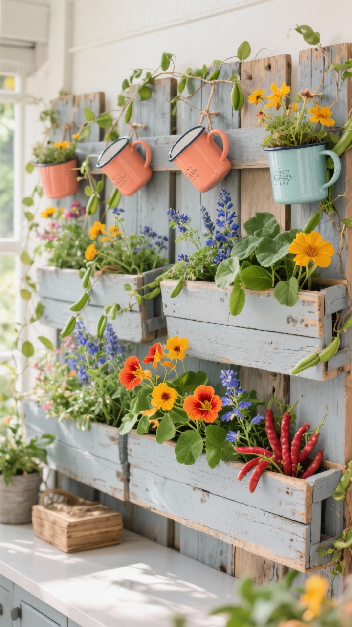 Photorealistic overhead detail shot of a pollinator pantry pallet fence: weathered pallet-style boards painted soft oat/driftwood gray with tucked pockets overflowing with nasturtiums, calendula, borage, and scarlet runner beans; spring layer of climbing peas intertwined, hints of future swap to Malabar spinach or hyacinth bean; playful enamel mugs repurposed as hanging planters; colors: coral, saffron, indigo blossoms against gray wood; textures of trailing vines, fluttery petals, twining tendrils; bright natural daylight emphasizing lively, eco-chic energy.