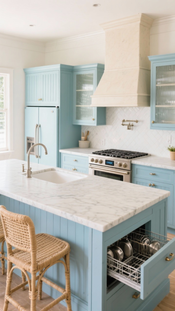 Photorealistic overhead/three-quarter view focused on a coastal peninsula layout: peninsula with bar seating in natural rattan, a drawer dishwasher integrated and deep pot storage visible on the working side, and a built-in speed oven facing inward. Main wall composed of a bottom-freezer fridge, wide single-bowl sink, and a 30-inch induction range under a soft plaster-look hood. Light blue shaker fronts, honed marble counters, reeded glass uppers, beadboard end panels, polished nickel hardware. Color palette of powder blue, sandy beige, crisp white. Bright, breezy daylight with soft coastal mood, no people.