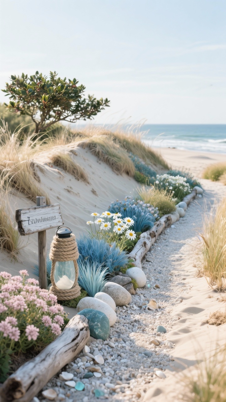 Photorealistic wide coastal-cottage hugel scene with dune-like profile: a long mound that rises gently and dips in the center, edged with driftwood logs and smooth river stones; plantings of blue fescue, switchgrass, sea thrift, white daisies, and pale pink yarrow; a dwarf bayberry or beach plum anchoring one end like a windswept shrub; shell or crushed oyster mulch path providing a coastal crunch underfoot; a rope-wrapped lantern and a weathered wooden sign as accents; sea-glass blues, sandy neutrals, crisp whites; breezy, sunlit feel with grasses in motion; no people.