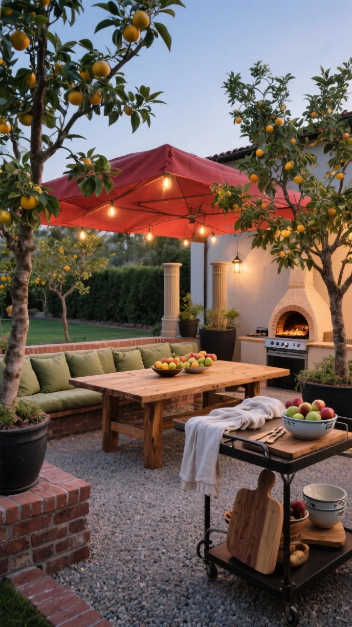 Photorealistic wide entertaining patio at dusk: an entertainer’s orchard patio centered by a chunky wood dining table under a canopy of semi-dwarf citrus or apricot trees. Decomposed granite ground with brick detailing borders the beds. A built-in banquette with weatherproof cushions hugs a wall; a nearby grill or pizza oven is ready for cooking. Large planters with columnar apples frame the seating like living pillars; a movable bar cart stands by with linen runners, wood cutting boards, and enamel bowls piled with just-picked fruit. Brick red, soft linen, olive green, and matte black accents; cafe lights warm the canopy; convivial mood, no people.