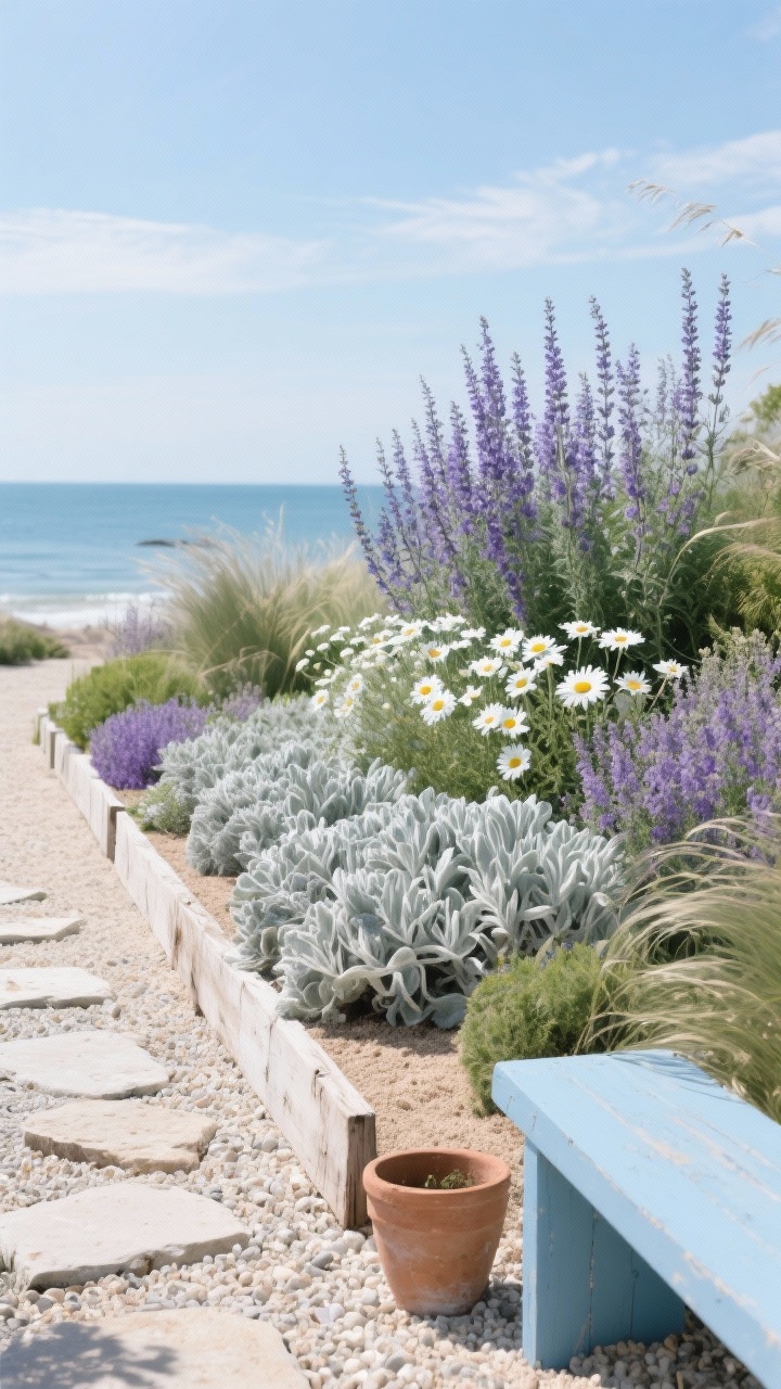 Photorealistic wide garden border at the coast on a sunny, breezy day; cool palette of blues, lavenders, and whites set against sandy mulch and pale gravel; tall Russian sage (Perovskia) forming airy lavender wands at the back, mids of catmint (Nepeta) and white Shasta daisies threaded in drifts, front edge of velvety silver lamb’s ear; pale gravel path with bleached wood edging and limestone stepping stones; weathered terracotta pots and a powder-blue bench as accents; wind-swaying plants, crisp yet soft structure; bright natural coastal light, no people.