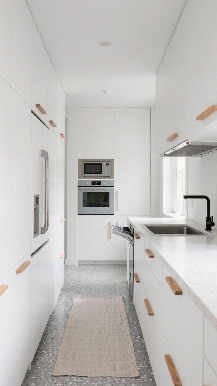 Photorealistic wide shot of a Scandinavian galley kitchen, straight-on from one end of a narrow aisle: matte white cabinetry with slim oak finger pulls, a 24-inch panel-ready fridge seamlessly flush with base cabinets, a 24-inch induction cooktop centered under an integrated whisper-quiet hood, compact dishwasher drawer to the right of an undermount sink with a matte black faucet. Across the aisle, a tall utility column with pocket doors concealing a microwave and steam oven. Soft gray terrazzo floors reflecting light, a linen runner adding warmth. Color palette: cloud white, pale oak, soft gray terrazzo. Clean daylight, minimal styling, no people.