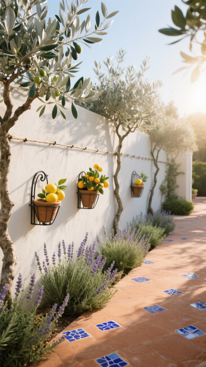 Photorealistic wide shot of a sun-splashed Mediterranean fence wall featuring espaliered olive trees trained on horizontal trellis wires, silvery leaves shimmering; interspersed wrought-iron wall cradles hold potted dwarf lemons and kumquats glowing gold; base planting of rosemary and lavender releasing herbal perfume; terra-cotta path edged with scattered blue mosaic tile accents; colors: silver-green olives, sunny citrus, cobalt touches; warm late-afternoon light with slight lens flare; oblique corner angle to show the run of espalier geometry and path.