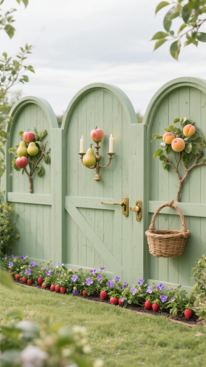 Photorealistic wide shot of an orchard panel fence with storybook arches: wooden fence panels framed by gentle arched trellises, each featuring a different espalier form—apples in candelabra, pears fanned wide, apricots trained low; below, a neat strip of alpine strawberries interplanted with edible violas; fence finished in a soft sage-green stain; details include a brass gate latch and a wicker harvest basket hanging from a hook; color palette: sage, blush apples, sunny apricots, pops of viola color; bright overcast daylight for even tones; straight-on symmetrical composition to showcase the curated garden-room feel.