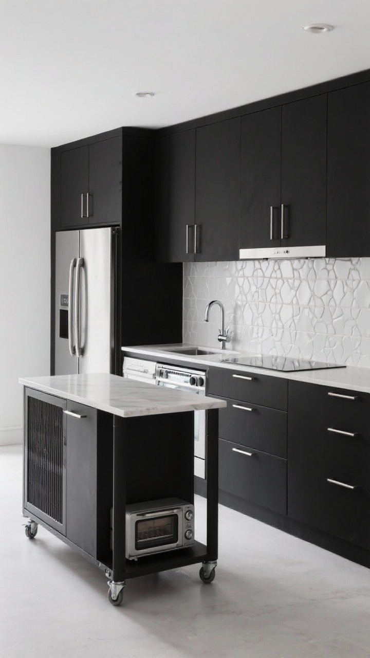 Photorealistic wide, straight-on shot of a monochrome one-wall kitchen with a slim movable island on locking casters in front: tall fridge-freezer combo at one end, then sink–dishwasher duo, then a seamless induction cooktop with a recirculating downdraft (no visible bulky hood). Matte black cabinets, stainless appliances, linear stainless bar pulls, white zellige tile backsplash with beautiful handmade texture. The rolling island is 18 inches deep, showing a ventilated cabinet door hinting at a compact toaster oven inside. Brushed steel accents, balanced daylight, crisp shadows, minimalist styling.