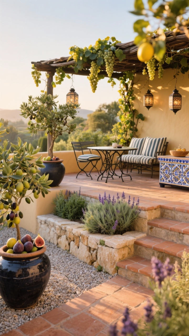 Photorealistic wide terrace shot at golden hour: a Mediterranean terrace orchard with split-level stone terraces and low stone walls, terracotta pavers and gravel paths, large ceramic pots holding figs, olives, and lemon trees at landings; rosemary, thyme, and lavender tucked along steps for texture and fragrance. A wrought-iron bistro set sits under a pergola draped with grapevines, Moroccan lanterns hang nearby, striped outdoor cushions on chairs, and a tile-topped console for serving. Warm terracotta, sun-bleached beige, sage green foliage, and deep charcoal pots dominate the palette; soft warm sunlight, long shadows, no people.