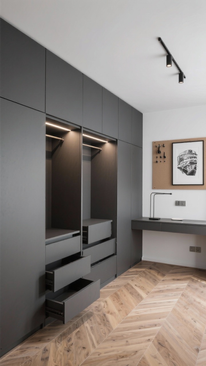 Straight-on, medium shot of a smart urban wardrobe niche: ceiling-high matte graphite cabinets with open pull-out shelves and tilt-out hampers, integrated motion lighting illuminating interiors; opposite, a slim wall desk with a pinboard and hooks organizing accessories; oak herringbone floors and a monochrome art print completing the clean, modern look; crisp, even lighting, photorealistic.