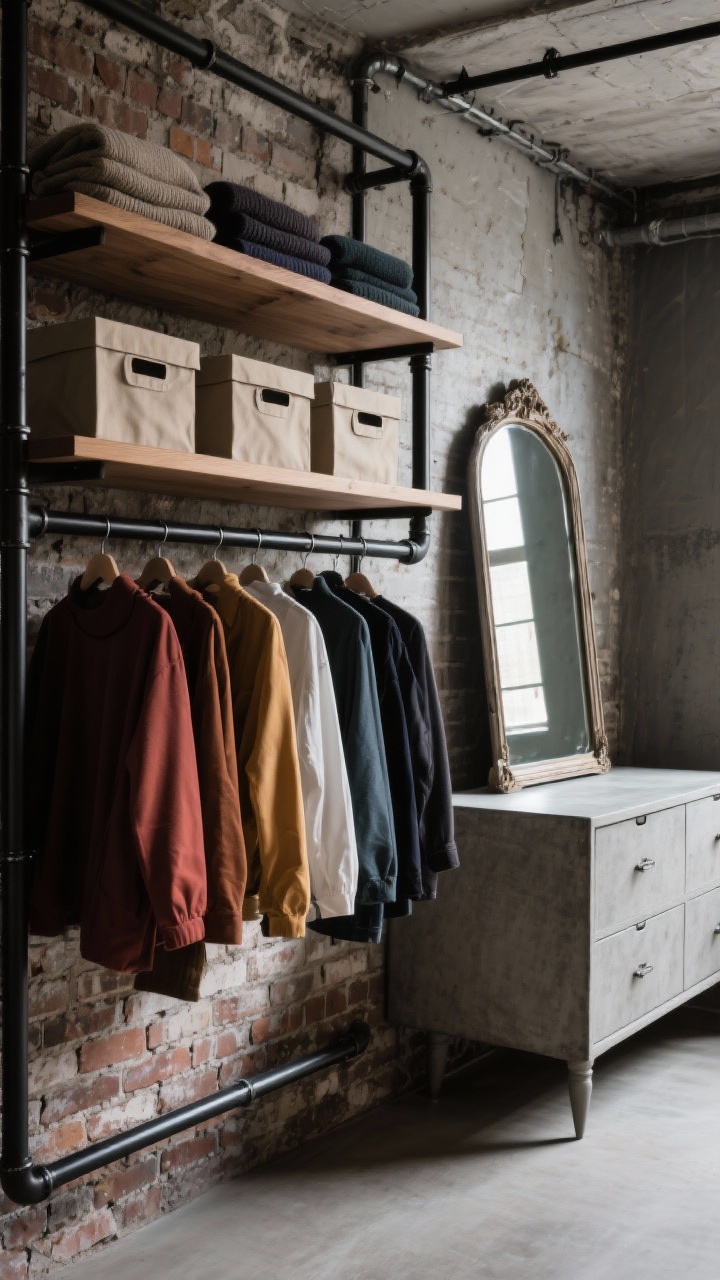Straight-on, medium-wide view of an industrial loft closet wall: black steel pipe racks with organized clothing styled by color left to right, thick wood shelves above holding canvas drop-front boxes for sweaters; a concrete-look dresser for basics below; exposed brick wall with a huge vintage mirror leaning for drama; moody loft daylight with subtle shadows, photorealistic.