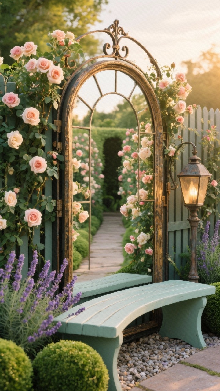 Straight-on, romantic secret garden gate: antique-style arched mirror with patinated brass/iron frame mounted on a fence, framed by climbing roses in bloom; foreground curved-back bench painted soft sage; plantings of lavender, catmint, and clipped boxwood spheres around gravel base; vintage-style outdoor lantern nearby; the mirror doubles the florals creating an illusion of a hidden pathway; golden-hour lighting enhancing fragrance-rich mood; photorealistic, no people.
