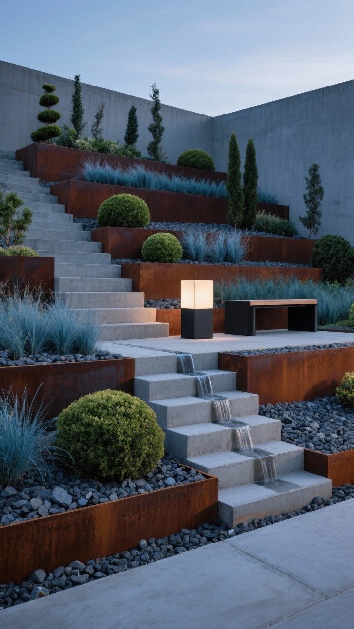 Straight-on wide shot at dusk with crisp shadows: modern terraced slope cut into horizontal bands edged in Corten steel with rich rust patina. Tiers filled with basalt gravel, blue fescue, feather reed grass, sculptural boxwood domes, and upright junipers. Rectangular concrete steps appear to float across the bands. A minimal water blade pours into a narrow linear rill. Single sculptural light highlights a cube planter; a black-framed bench anchors one tier. Palette: charcoal, concrete gray, rust, steel blue-green; materials: Corten steel, poured concrete, basalt gravel.