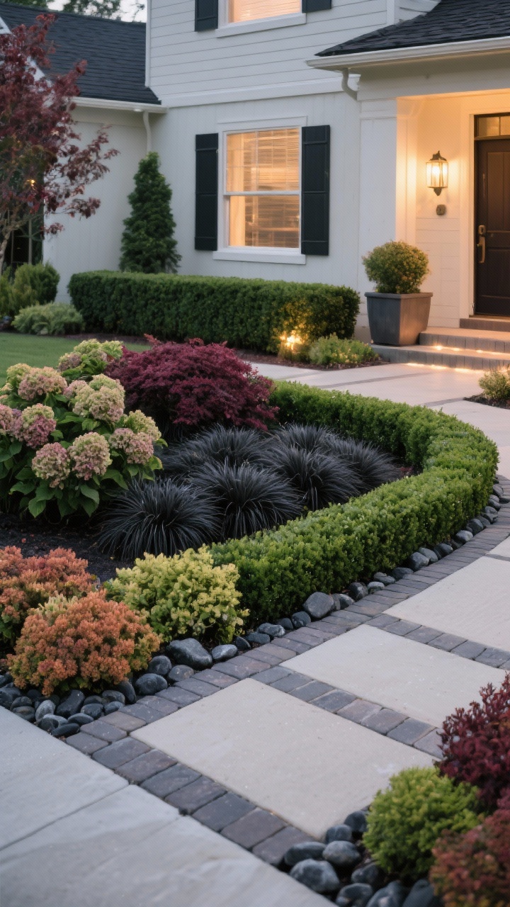 Straight-on wide shot of a four-season foundation bed with elegant curb appeal; tight palette of deep green, burgundy, and cream; clear geometry—a low evergreen hedge outline of boxwood or dwarf inkberry holly, layered mounds inside of black mondo grass and heuchera for moody foliage; hydrangeas (panicle or smooth) and sedum ‘Autumn Joy’ for seasonal blooms; clean paver edging, charcoal river rock accents, tidy path; symmetrical planters by the entry and warm low-voltage uplighting at dusk; polished, reliable look, no people.