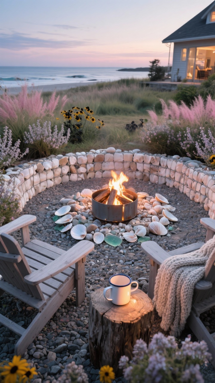 Twilight wide shot of a fire pit area with shell-filled gabions: circular fire pit framed by low gabion walls packed with white shells, sea glass, and smooth beach stones that catch and refract firelight; surrounding meadow mix of yarrow, catmint, pink muhly grass, and black-eyed susan for a soft, wild seaside-field feel; low Adirondack chairs in driftwood gray with chunky knit throws; crushed granite underfoot with a ring of larger shell pieces embedded around the pit; steel log holder and enamel mugs on a stump side table; warm, cozy glow with opalescent highlights; photorealistic, no people.