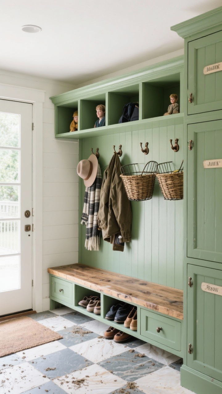 Wide angle mudroom entry in modern farmhouse style: shaker cabinetry painted sage green, oil-rubbed bronze hooks along a beadboard back, labeled wire baskets for hats and scarves, a rustic bench with hidden shoe drawers beneath, checkerboard stone flooring that hides dirt; open cubbies above sorting outerwear by person; bright, practical daylight, photorealistic.