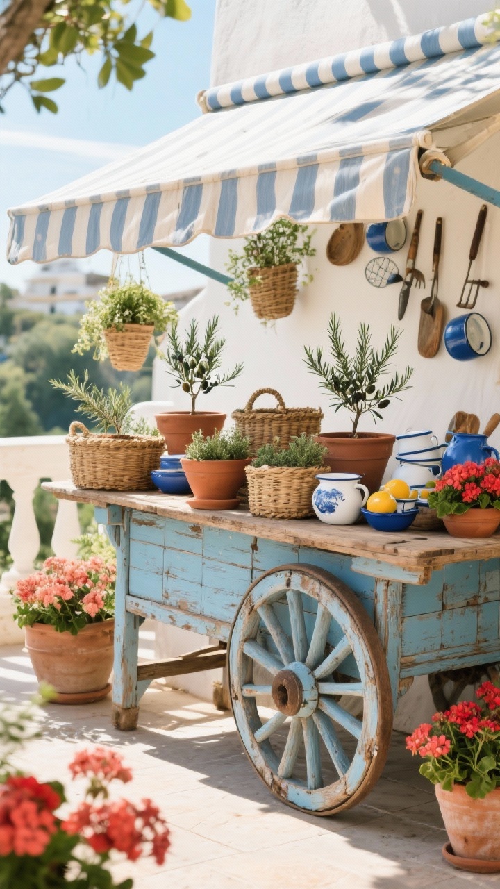 Wide angled scene of a sunlit terrace: an old-world wooden market cart with spoked wheels painted a faded coastal blue with weathered wood showing through; top lined with woven baskets and terra-cotta bowls filled with olive saplings, rosemary standards, trailing thyme, and pots of scarlet and coral geraniums; blue-and-white enamelware scattered as catch-alls for tools and citrus; striped awning fabric draped over the handle providing dappled shade; Mediterranean market vibe, bright sunny lighting, no people, photorealistic.