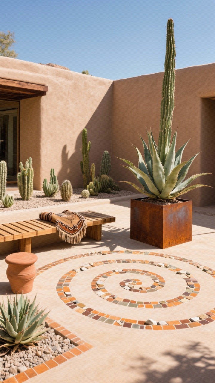Wide courtyard shot, desert noon sun: concentric mosaic spirals in sand, ochre, and rust made from tumbled travertine chips and matte tiles drawing the eye to a tall agave in a rusted corten steel planter; low cedar slat bench layered with woven saddle blankets and clay stools; gravel beds planted with cacti and aloes edged by subtle mosaic stripes echoing the spiral; palette of sand, rust, adobe, sage; materials travertine, corten steel, cedar, clay; sharp sun and crisp shadows; photorealistic.