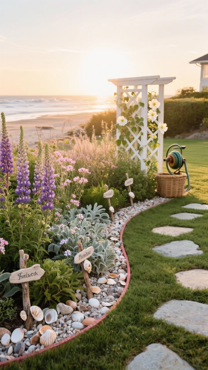 Wide, curving border garden at golden hour: layered coastal perennials—lupines, sea thrift, gaura, and lamb’s ear for silvery softness—framing the lawn; front edge mulched with a bright band of mixed shells for definition; handmade plant markers using small driftwood stakes adorned with mini shell clusters and hand-lettered names; freestanding white trellis supporting climbing moonflower; stepping stones set into crushed shell leading around the border; soft pinks, dusty purples, and cool greens color story; vintage-style hose reel and a wicker basket set nearby; charming, personal beachcomber vibe; photorealistic, no people.