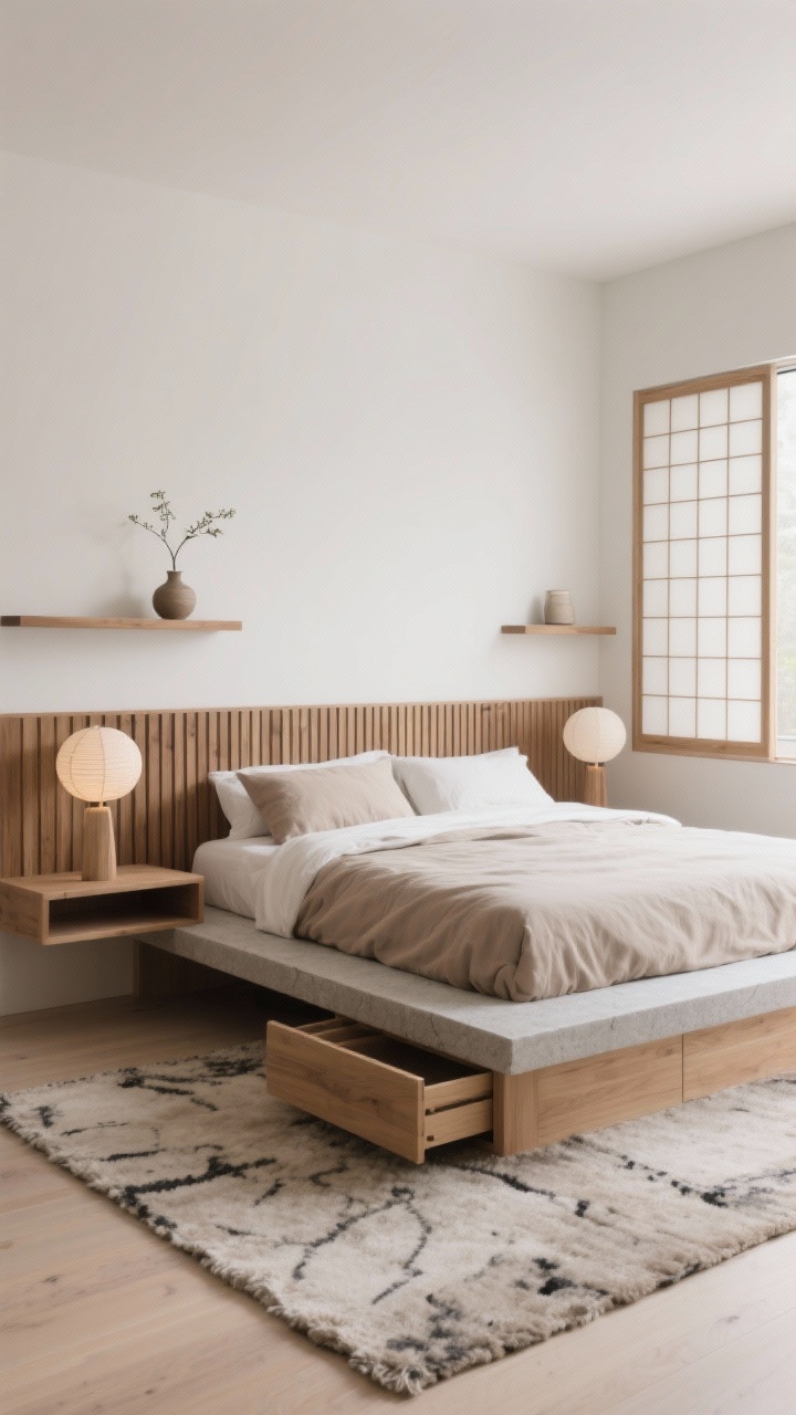 Wide, Japandi Bedroom Retreat: minimalist bedroom with warm whites and taupe palette, ink accents. A low platform bed with natural linen bedding in stone and sand, centered against a slatted oak headboard. Floating wall shelves replace nightstands; each has a paper orb lamp and a single sprig in a ceramic bud vase. Soft wool rug framing the bed, under-bed drawers slightly ajar to show concealed storage. A shoji-style screen filters window light. Calm, zen mood, photorealistic, no people.