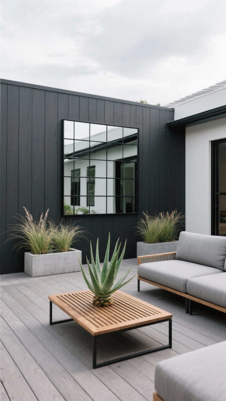 Wide, minimal modern patio: a large black grid mirror mounted on charcoal-painted cladding; low-slung concrete planters with architectural grasses; streamlined sectional in stone gray; tight palette of gray, black, and crisp green; a slatted teak coffee table adding warmth; a single sculptural aloe as the hero plant; clean lines with the mirror’s grid aligned to deck boards; bright overcast sky reflection for sharp contrast; photorealistic, no people.