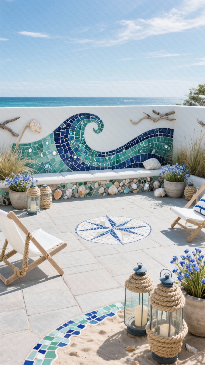 Wide patio scene, coastal vibe under bright coastal sunlight: a low seating wall clad in a mosaic wave mural in navy, teal, and sea-glass green with crushed shells and mother-of-pearl sparkle in the grout; concrete pavers underfoot edged with scalloped mosaic borders; white sling chairs with nautical cushions; a cluster of rope-wrapped lanterns; planters of sea thrift and blue fescue resembling beach grasses; a mosaic compass rose centered on the patio; accents of shells, beach glass, rope, driftwood; crisp, photorealistic.