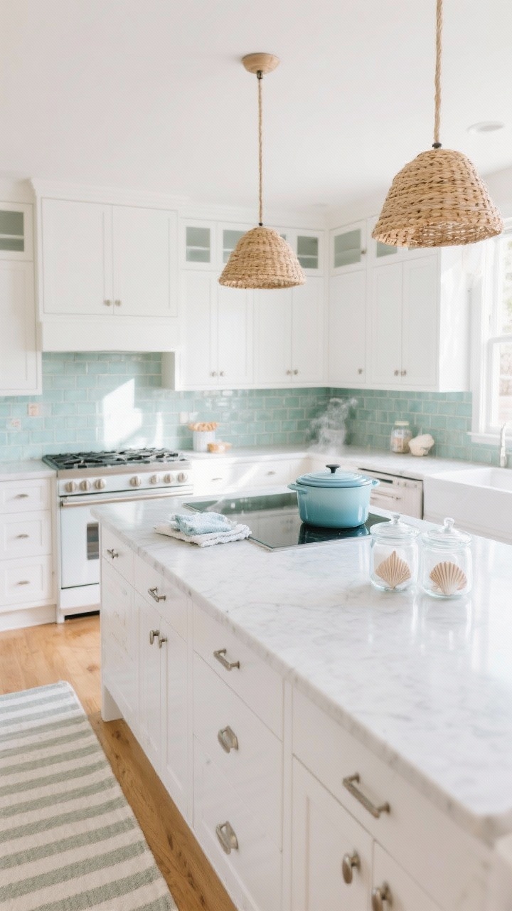 Wide room shot of a coastal calm kitchen: white shaker cabinets, soft sea-glass tile backsplash, pale oak floors, woven pendant lights, and a striped runner. A white quartz island holds a gleaming glass cooktop with brushed nickel pulls on cabinetry, a soft-blue Dutch oven displayed nearby, and glass canisters with subtle seashell accents. Natural morning light, airy and sunlit mood. Detail includes a baking soda sprinkle and a light mist of white vinegar fizz on the cooled cooktop with a microfiber cloth beside it.