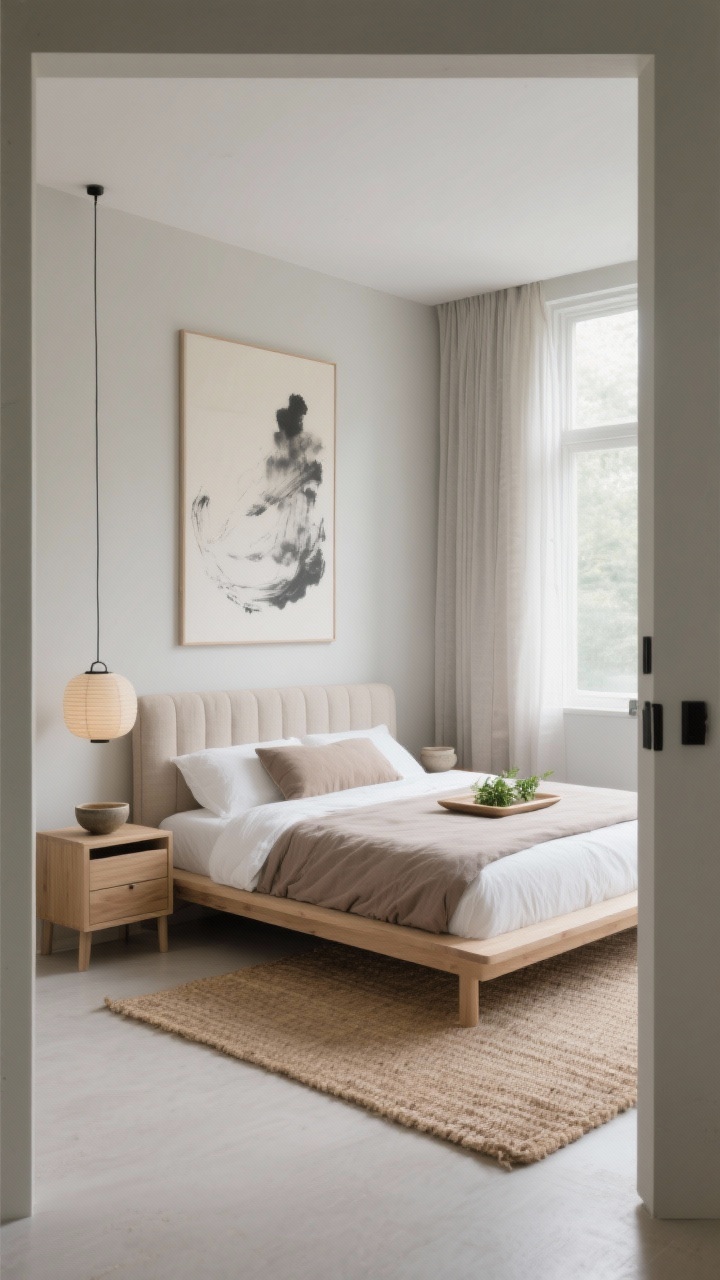 Wide, serene bedroom view from the doorway: A quiet Japandi retreat with a low platform bed in light ash, a padded mushroom-hued linen headboard, and floating nightstands. Walls in whisper greige, unlined linen panels at the window diffusing daylight, and a tightly woven jute rug underfoot. Dress the bed with crisp white sheets, taupe duvet, and one long lumbar pillow. Include a paper lantern pendant, ceramic bedside bowls, and hidden under-bed storage drawers barely visible. One oversized ink wash print above the bed; a shallow tray with a sprig of green on a nightstand. Soft, restful light; palette of greige, ash wood, wheat, and soft black; no people.