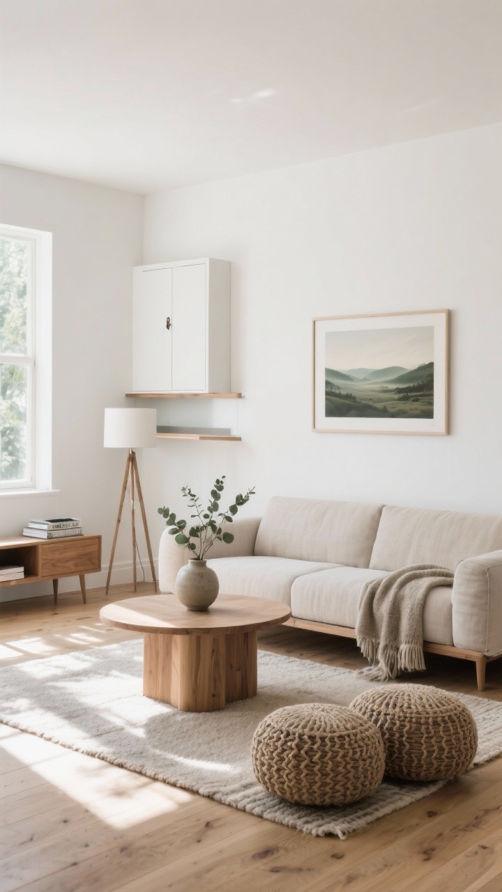 Wide shot: A sun-washed Scandinavian living room with neutral oak floors and matte white walls, featuring a low-profile oatmeal linen sofa, a round wood coffee table, and a tripod floor lamp. Include a floating oak media shelf instead of a console, a narrow wall-mounted cabinet with push-latch doors, and two woven poufs. Style with a wool flatweave rug, a nubby throw, a ceramic vase with eucalyptus, and a single large landscape print above the sofa; keep decor to threes with two design books. Soft morning natural light; color palette of white, pale oak, stone gray, and sage; airy, minimalist mood; no people.
