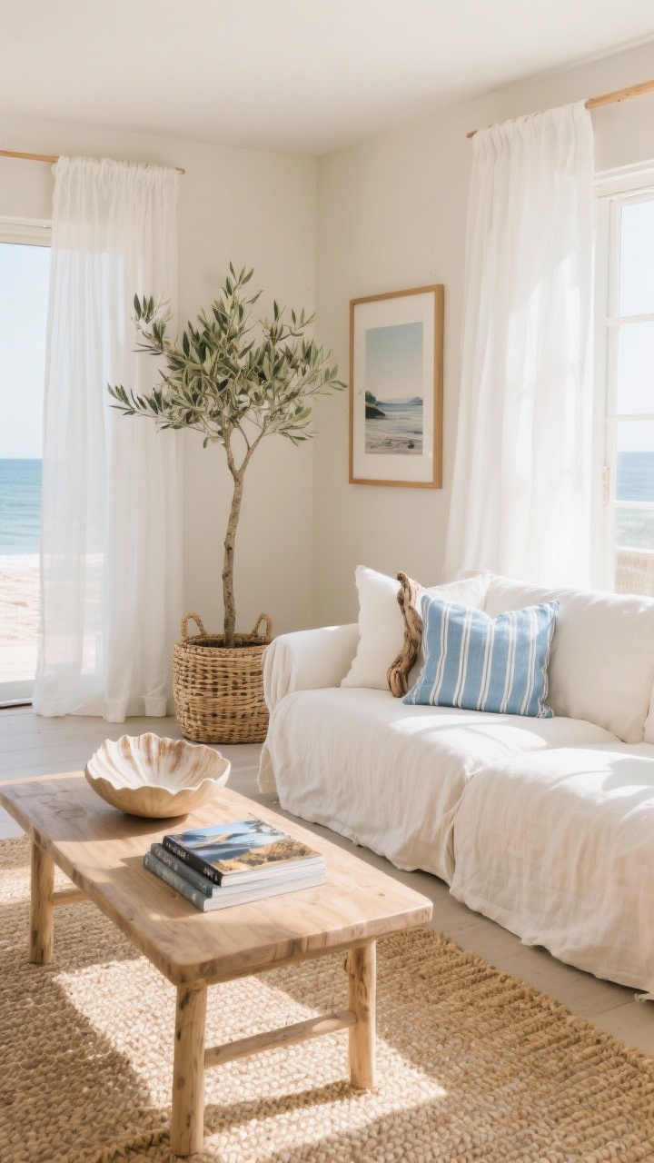 Wide shot, Coastal Calm Living Room: A sun-washed living room with soft sand-beige walls, a linen slipcovered sofa layered with seasalt white, driftwood, and sky blue striped pillows, and a woven jute rug anchoring a low-profile oak coffee table styled with a shell-shaped bowl and glossy travel books; sheer white curtains glow with natural light, a tall olive tree in a woven basket adds height, coastal photography in a thin oak frame on the wall; textures of linen, woven jute, matte ceramic, and light wood; breezy, relaxed coastal mood; photorealistic, corner angle.